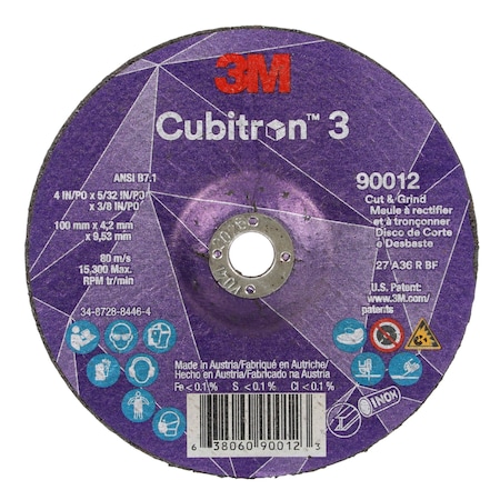 Cut-Off and Grinding Wheel, Type 27, 4 in Dia, 0.156 in Thick, 3/8 in Arbor Hole Size, Ceramic MPN:90012