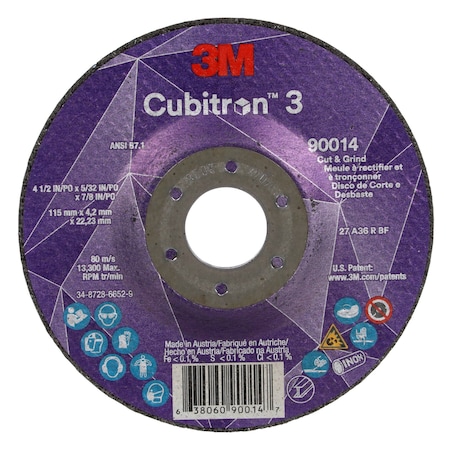 Cut-Off and Grinding Wheel, Type 27, 4 1/2 in Dia, 0.156 in Thick, 7/8 in Arbor Hole Size, Ceramic MPN:90014