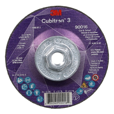Cut-Off and Grinding Wheel, Type 27, 4 1/2 in Dia, 0.156 in Thick, 5/8