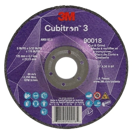 Cut-Off and Grinding Wheel, Type 27, 5 in Dia, 0.156 in Thick, 7/8 in Arbor Hole Size, Ceramic MPN:90018