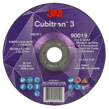 Cut-Off and Grinding Wheel, Type 27, 6 in Dia, 0.156 in Thick, 7/8 in Arbor Hole Size, Ceramic MPN:90019