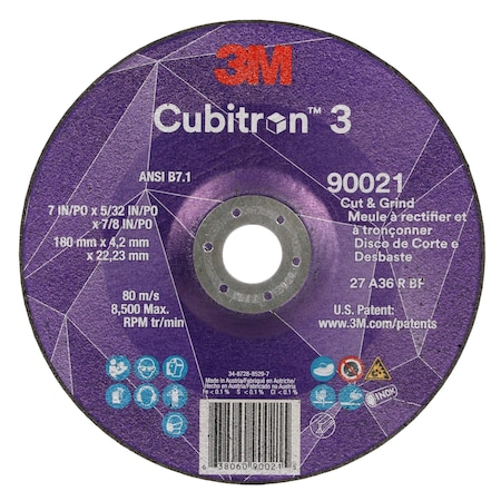 Cut-Off and Grinding Wheel, Type 27, 7 in Dia, 0.156 in Thick, 7/8 in Arbor Hole Size, Ceramic MPN:90021