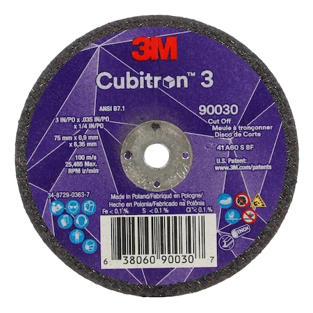 Abrasive Cut-Off Wheel, Type 1, 3 in Dia, 0.035 in Thick, 1/4 in Arbor Hole Size, Ceramic, 60 Grit MPN:90030