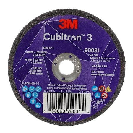 Abrasive Cut-Off Wheel, Type 1, 3 in Dia, 0.035 in Thick, 3/8 in Arbor Hole Size, Ceramic, 60 Grit MPN:90031