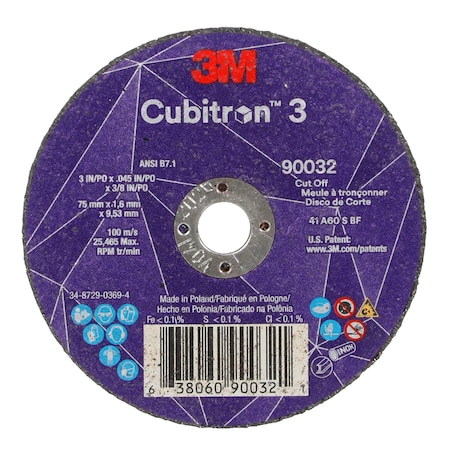 Abrasive Cut-Off Wheel, Type 1, 3 in Dia, 0.045 in Thick, 3/8 in Arbor Hole Size, Ceramic, 60 Grit MPN:90032