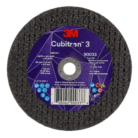Abrasive Cut-Off Wheel, Type 1, 4 in Dia, 0.035 in Thick, 3/8 in Arbor Hole Size, Ceramic, 60 Grit MPN:90033