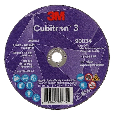 Abrasive Cut-Off Wheel, Type 1, 4 in Dia, 0.045 in Thick, 3/8 in Arbor Hole Size, Ceramic, 36 Grit MPN:90034