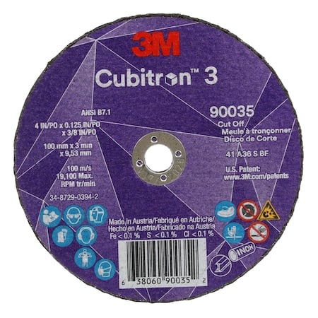 Abrasive Cut-Off Wheel, Type 1, 4 in Dia, 0.125 in Thick, 3/8 in Arbor Hole Size, Ceramic, 36 Grit MPN:90035
