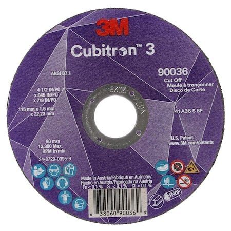 Abrasive Cut-Off Wheel, Type 1, 4 1/2 in Dia, 0.045 in Thick, 7/8 in Arbor Hole Size, Ceramic MPN:90036