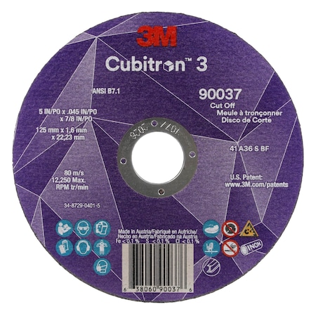 Abrasive Cut-Off Wheel, Type 1, 5 in Dia, 0.045 in Thick, 7/8 in Arbor Hole Size, Ceramic, 36 Grit MPN:90037