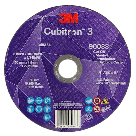 Abrasive Cut-Off Wheel, Type 27, 6 in Dia, 0.045 in Thick, 7/8 in Arbor Hole Size, Ceramic, 60 Grit MPN:90038