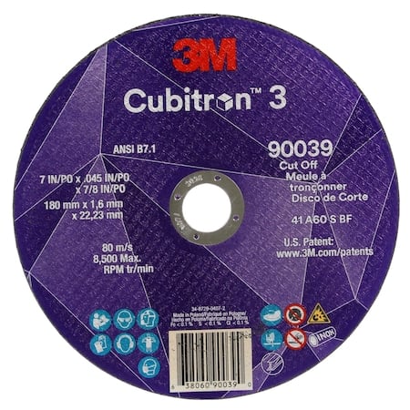 Abrasive Cut-Off Wheel, Type 27, 7 in Dia, 0.09 in Thick, 7/8 in Arbor Hole Size, Ceramic, 60 Grit MPN:90039