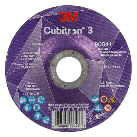 Cut-Off Wheel, Type 27, 4 1/2 in Dia, 0.045 in Thick, 7/8 in Arbor Hole Size, Ceramic, 36 Grit MPN:90041