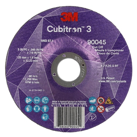 Cut-Off Wheel, Type 27, 5 in Dia, 0.045 in Thick, 7/8 in Arbor Hole Size, Ceramic, 36 Grit MPN:90045