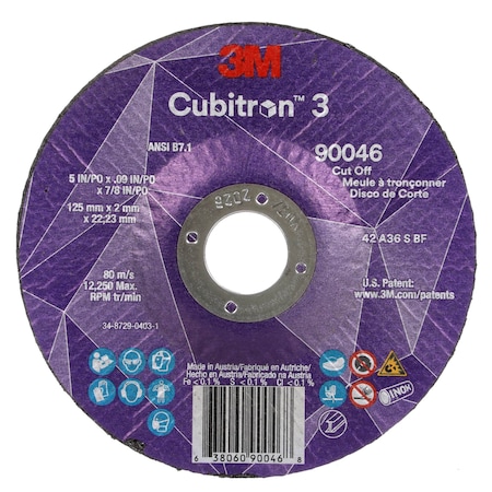 Cut-Off Wheel, Type 27, 5 in Dia, 0.09 in Thick, 7/8 in Arbor Hole Size, Ceramic, 36 Grit MPN:90046