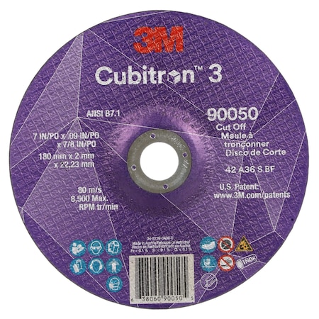 Cut-Off Wheel, Type 27, 7 in Dia, 0.09 in Thick, 7/8 in Arbor Hole Size, Ceramic, 36 Grit MPN:90050
