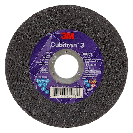 Abrasive Cut-Off Wheel, Type 1, 4 1/2 in Dia, 0.04 in Thick, 7/8 in Arbor Hole Size, Ceramic MPN:90051