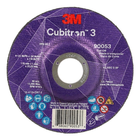 Cut-Off Wheel, Type 27, 4 1/2 in Dia, 0.04 in Thick, 7/8 in Arbor Hole Size, Ceramic, 60 Grit MPN:90053