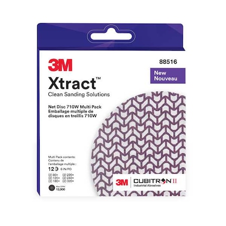 Hook-and-Loop Sanding Disc, 6 in Dia, Multipack of Varying Grits, Ceramic, Coated, Xtract710W, PK12 MPN:7100288312