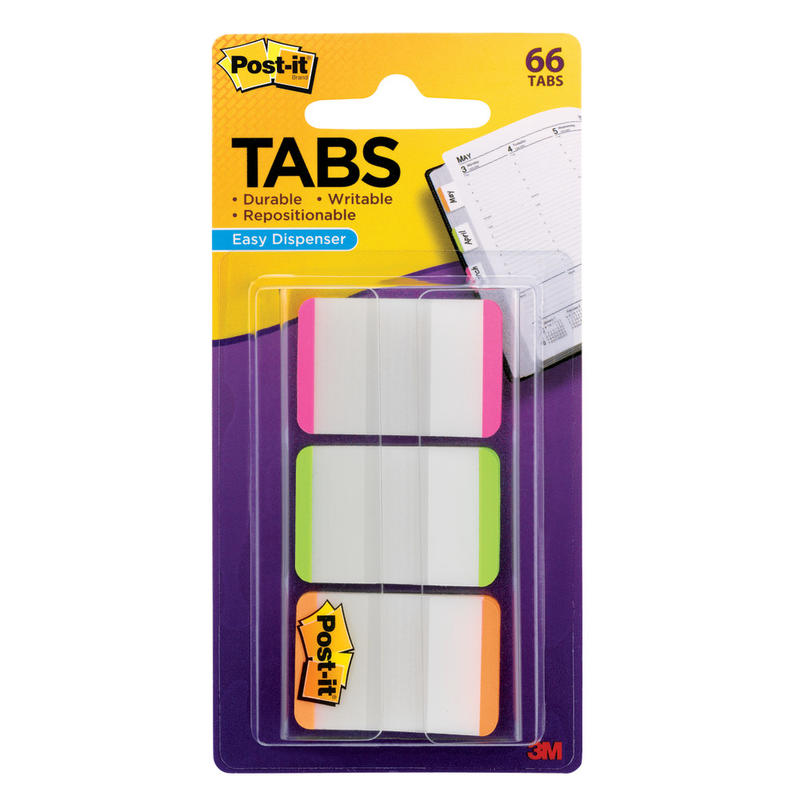 Post-it Notes Durable Filing Tabs, 1in x 1-1/2in, Green/Orange/Pink Color Bars, 22 Flags Per Pad, Pack Of 3 Pads MPN:686L-PGO