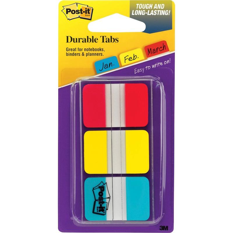 Post-it Durable Tabs - 36 Write-on Tab(s) - 1.50in Tab x 1in Tab- Red, Yellow, Blue Tab(s) - Wear Resistant, Tear Resistant, Repositionable - 36 / Pack MPN:686RYBT