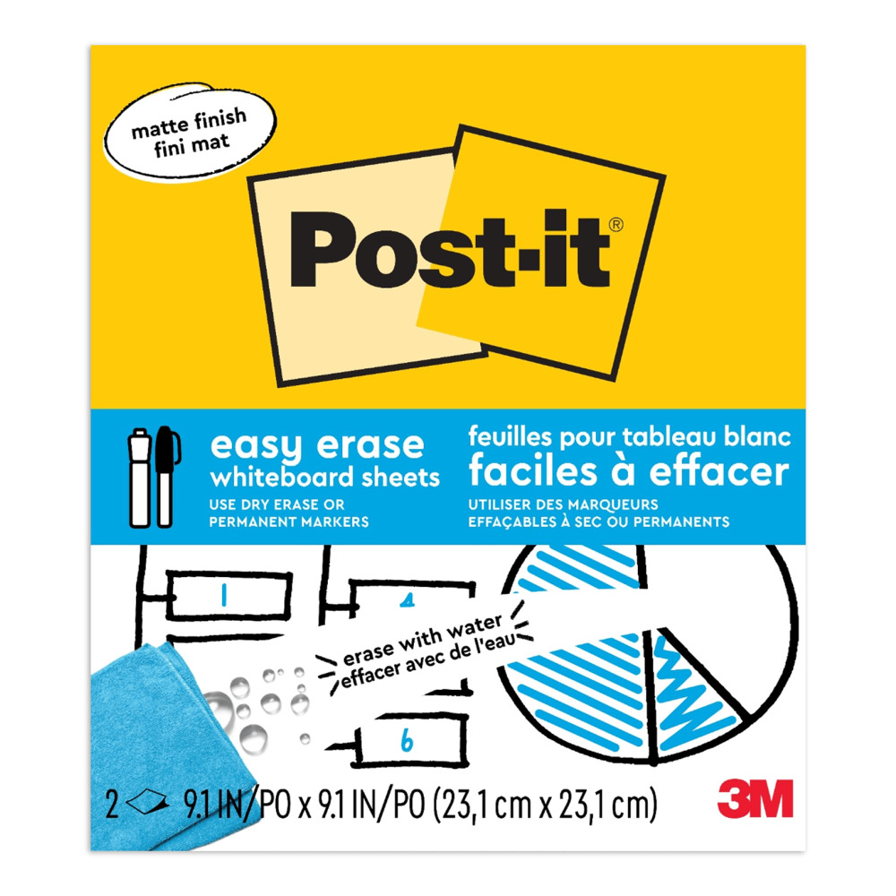 Post-it Easy Erase Permanent Marker Whiteboard Sheets, 2 Pack, 9.1 in x 9.1 in, Wipes Away with Water MPN:FWS-SHEETS-2PK