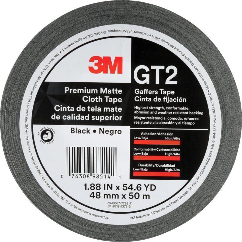 3M Gaffers Cloth Tape - 54.60 yd Length x 1.90in Width x 11 mil Thickness - Black - Vinyl - 1 Roll MPN:GT2