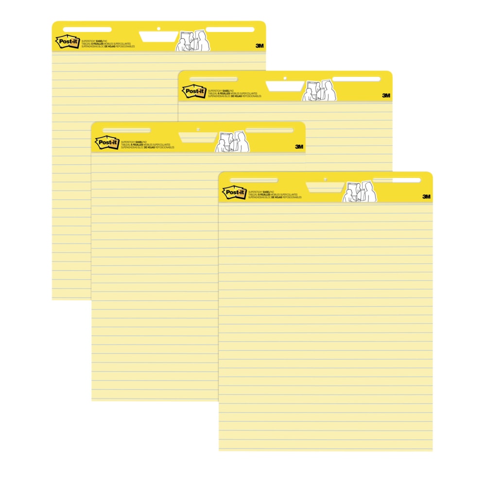 Post-it Super Sticky Easy Pads, 25in x 30in, 4 Pads, 30 Sheets/Pad, Lined, School Supplies for Classrooms, Yellow MPN:561 VAD 4PK