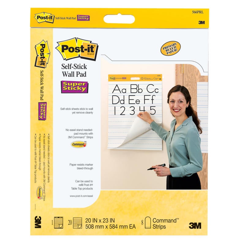 Post-it Self Stick Wall Pad, 20 in x 23 in, 2 Pads, 20 Sheets/Pad, Primary Ruled, White MPN:566PRL