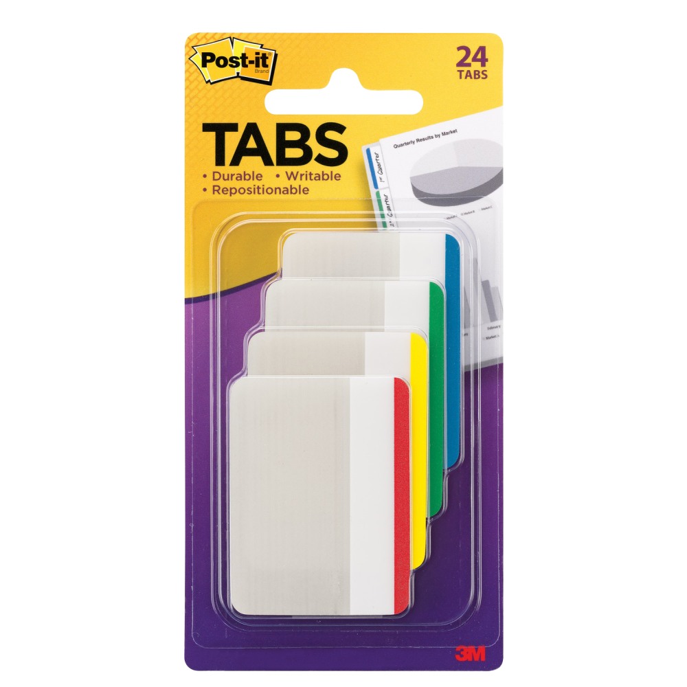 Post-it Durable Tabs, 2 in. x 1.5 in. Pack of 24 Tabs, Beige, Green, Red, Canary Yellow (Min Order Qty 21) MPN:686F-1