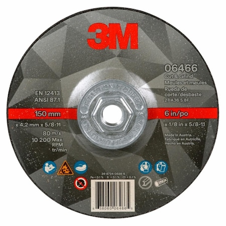Abrasive Cut-Off Wheel, Type 27, 6 in Dia, 0.125 in Thick, 5/8