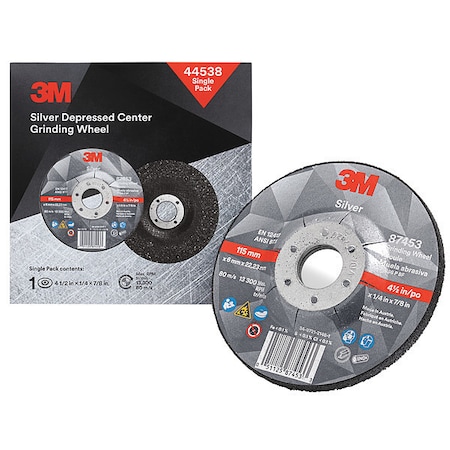Depressed Center Grinding Wheel, Type 27, 4 1/2 in Dia, 0.25 in Thick, 7/8 in Arbor Hole Size MPN:44538