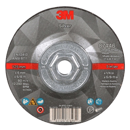 Depressed Center Grinding Wheel, Type 27, 5 in Dia, 0.25 in Thick, 5/8