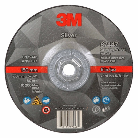 Depressed Center Grinding Wheel, Type 27, 6 in Dia, 0.25 in Thick, 5/8