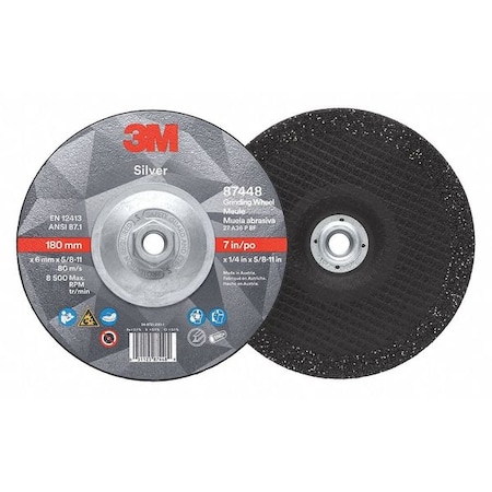Depressed Center Grinding Wheel, Type 27, 7 in Dia, 0.25 in Thick, 5/8