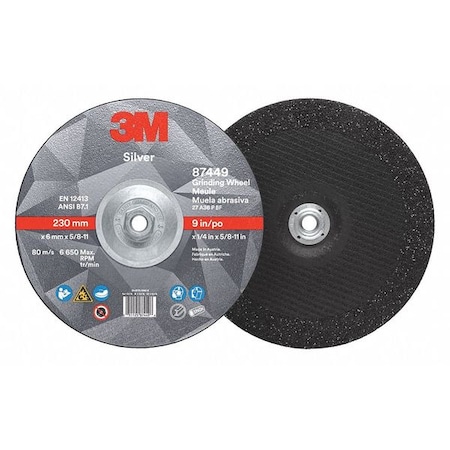 Depressed Center Grinding Wheel, Type 27, 9 in Dia, 0.25 in Thick, 5/8