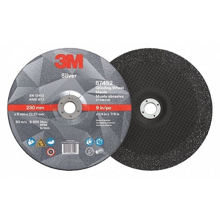 Depressed Center Grinding Wheel, Type 27, 9 in Dia, 0.25 in Thick, 7/8 in Arbor Hole Size, Ceramic MPN:87452