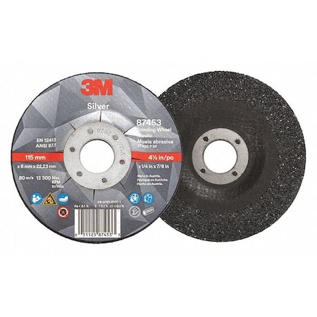 Depressed Center Grinding Wheel, Type 27, 4 1/2 in Dia, 0.25 in Thick, 7/8 in Arbor Hole Size MPN:87453
