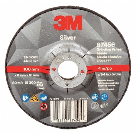 Depressed Center Grinding Wheel, Type 27, 4 in Dia, 0.25 in Thick, 5/8 in Arbor Hole Size, Ceramic MPN:87456