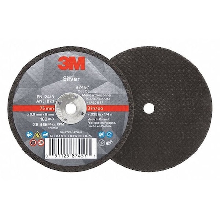 Abrasive Cut-Off Wheel, Type 1, 3 in Dia, 0.035 in Thick, 1/4 in Arbor Hole Size, Ceramic, 60 Grit MPN:87457