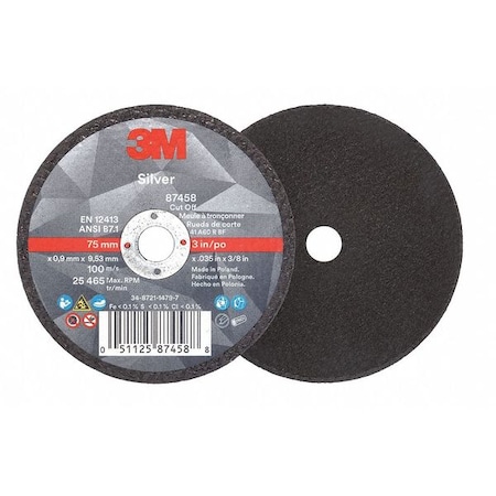 Abrasive Cut-Off Wheel, Type 1, 3 in Dia, 0.035 in Thick, 3/8 in Arbor Hole Size, Ceramic, 60 Grit MPN:87458