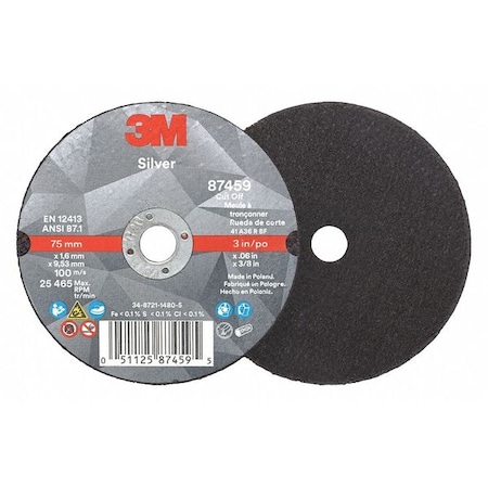 Abrasive Cut-Off Wheel, Type 1, 3 in Dia, 0.06 in Thick, 3/8 in Arbor Hole Size, Ceramic, 36 Grit MPN:87459