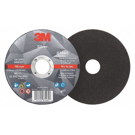 Abrasive Cut-Off Wheel, Type 1, 4 1/2 in Dia, 0.045 in Thick, 7/8 in Arbor Hole Size, Ceramic MPN:87465