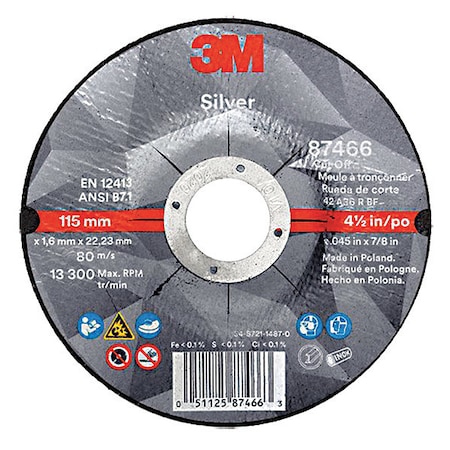 Depressed Center Cut-Off Wheel, Type 27, 4 1/2 in Dia, 0.045 in Thick, 7/8 in Arbor Hole Size MPN:87466