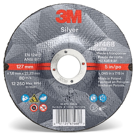 Depressed Center Cut-Off Wheel, Type 27, 5 in Dia, 0.045 in Thick, 7/8 in Arbor Hole Size, Ceramic MPN:87468