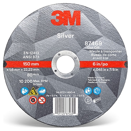 Abrasive Cut-Off Wheel, Type 1, 6 in Dia, 0.045 in Thick, 7/8 in Arbor Hole Size, Ceramic, 60 Grit MPN:87469