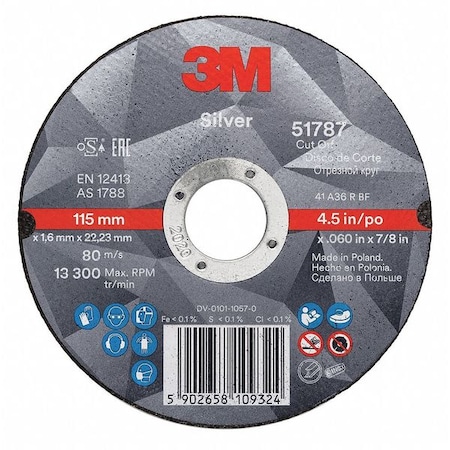 Depressed Center Cut-Off Wheel, Type 27, 6 in Dia, 0.045 in Thick, 7/8 in Arbor Hole Size, Ceramic MPN:87470