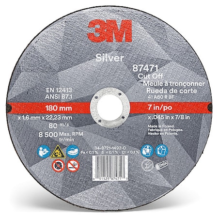 Abrasive Cut-Off Wheel, Type 1, 7 in Dia, 0.045 in Thick, 7/8 in Arbor Hole Size, Ceramic, 60 Grit MPN:87471