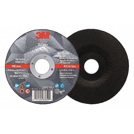 Depressed Center Cut-Off Wheel, Type 27, 4 1/2 in Dia, 0.0938 in Thick, 7/8 in Arbor Hole Size MPN:87659