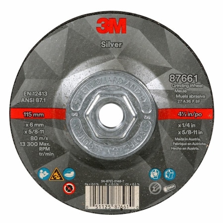 Depressed Center Grinding Wheel, Type 27, 4 1/2 in Dia, 0.25 in Thick, 5/8